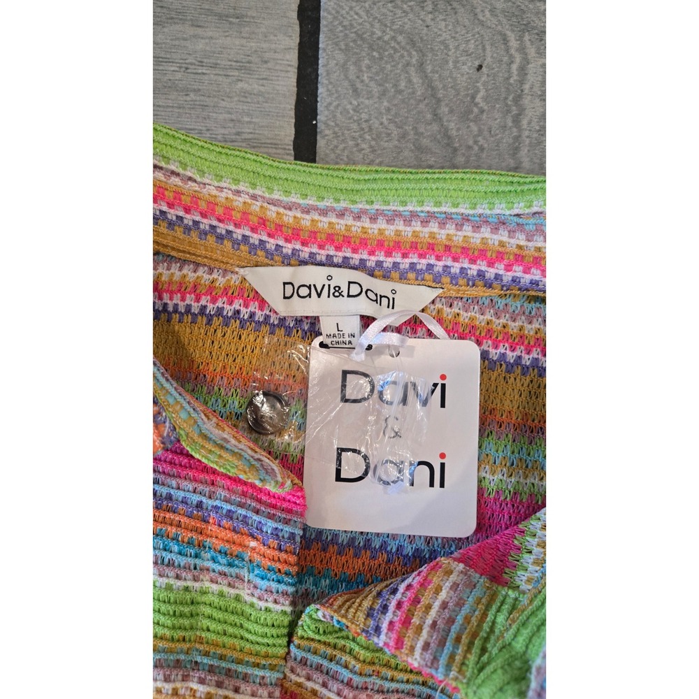 Davi & Dani Multi Color Striped Knit 2 Piece Set Button Down Flare Pants L - Picture 3 of 9